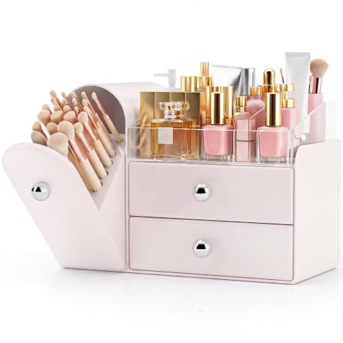 Image of Makeup Organizer Countertop with Makeup Brush Holder,Pink