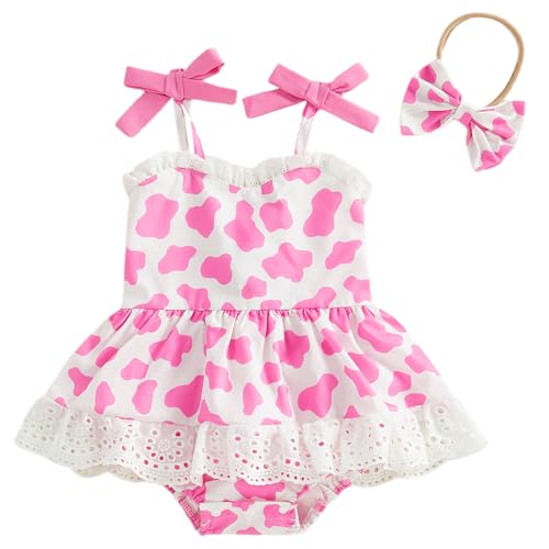 Tirites Infant Baby Girls Western Cowgirl Romper Cow Print Sleeveless Straps Ruffle Dress Bodysuit with Headband (Pink 6-12 Months)
