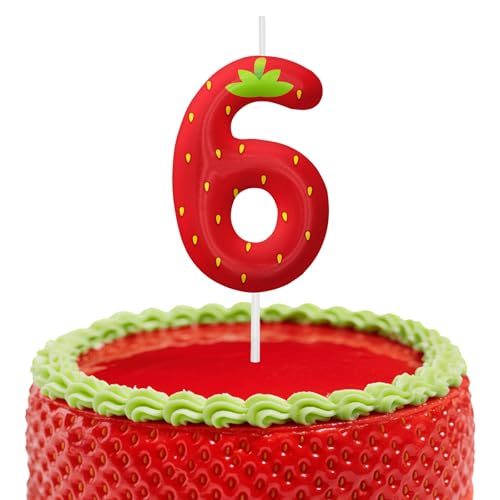 Strawberry Birthday Candles, 2.4 inch Cake Topper Decor, Number 6 Candles Birthday Decorations, Anniversary Party Cake Decorations Party Supplies