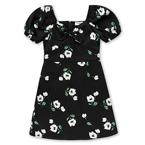 Speechless Girl's Short Sleeve Sweetheart Neck Printed Casual Dress, Black/Ivory, 14