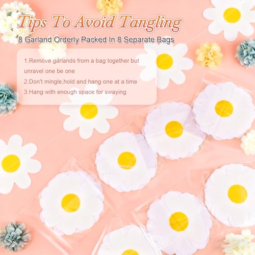 Image of Pasimy 8 Pcs Daisy Boho Party Decorations Groovy Daisy Paper Garlands White Flower Hanging Garland Banner Hippie Flower Cutouts for Birthday Shower Wedding Party Favor Supplies (Classic,White)