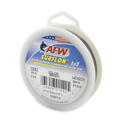 AFW Nylon Coated 1x7 Stainless Steel Fishing Wire Leader 300FT|20LB- Bright