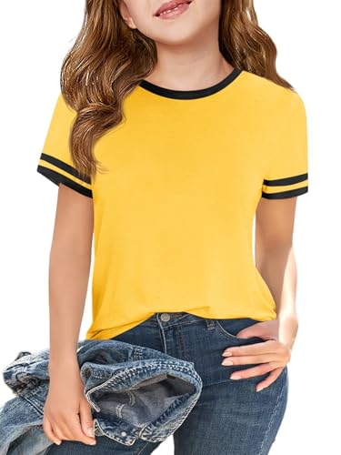 Image of Haloumoning Girls Short Sleeve T Shirts Kids Summer Crewneck Color Block Tops Fashion Tees 5-14 Years