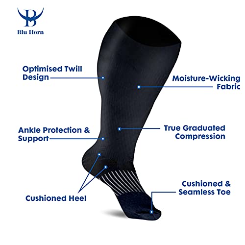 Image of Knee High Compression Socks 15-20 mmHg Improves Blood Circulation for Wide Calf Travel, Running, Cycling Athletic, Color-Black