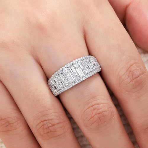 Wuziwen Wide Wedding Bands for Women Round and Baguette Eternity Anniversary Ring 925 Sterling Silver Cubic Zirconia2