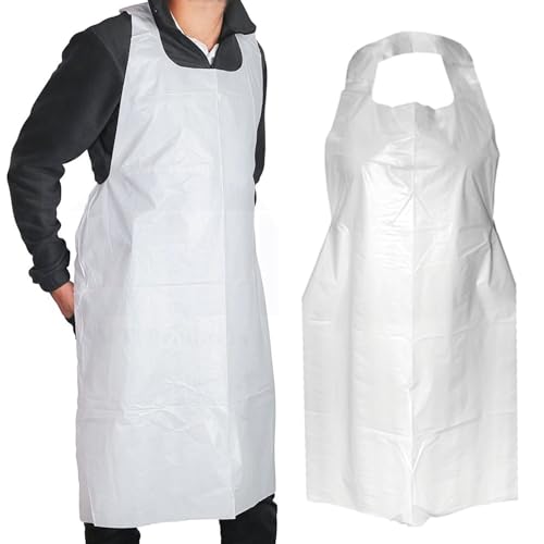 KIBERTIC – 100 Pcs Tablier Plastique Jetable Adulte, Tablier Jetable Cuisine Homme Blanc, Tablier Peinture Adulte Femme, Tablier Poissonnier
