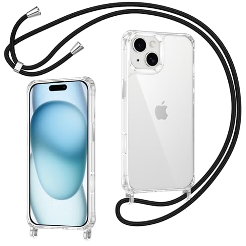 Coiwxmoi Cover per iPhone 14/iPhone 13 con Cordino, Custodia Trasparente con Regolabile Collana Ultra Sottile Antiurto AntiGraffio TPU Silicone Bumper Protettiva Case con Laccio Tracolla, Nero