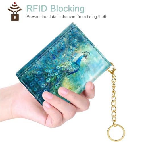 Image of Peacock Small Wallet Women, RFID Blocking Trifold Wallet, Cute Credit Card Holder with Kaychain, Credit Card Wallets, Vegan Leather, 7 Card Slots, ID Window, Wallets for Women Ladies Girls