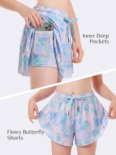 Image of Stelle Girls Flowy Shorts with Pockets Athletic Running Skirt High Waist Butterfly 2 in 1 Sports Short 5-16 Years