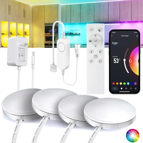 4 PCS Aluminum Round WiFi RGB Under Cabinet Lights Kit,Work