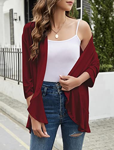 Image of Yekaty Women Cardigan 3 /4 Sleeves Open Front Lightweight Cardigan Draped Ruffles Knit Cardigan