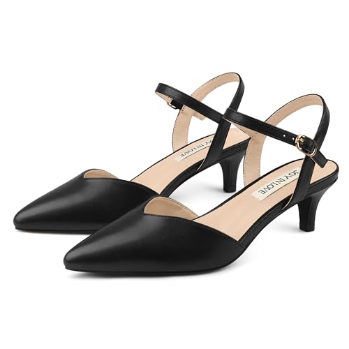 Image of JOY IN LOVE Women's Pointed Toe Kitten Heel Pumps, Ankle Strap Low Heel Work Dress Shoes