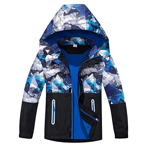 CAMLAKEE Boys Waterproof Jacket Kids Raincoat Fleece Lined Children Camo Coat Warm Windbreaker Blue UK:9-10 years (manufacturers's size: 140) Cover