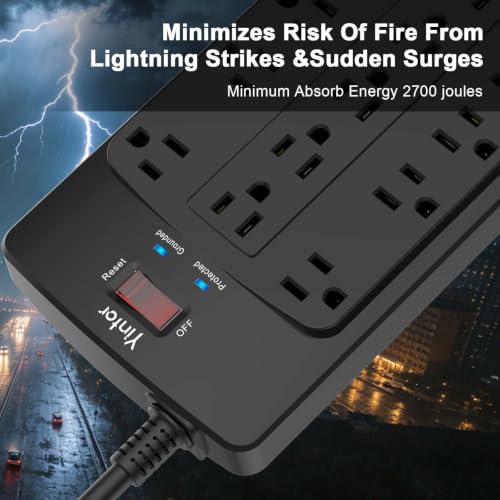 Image of Surge Protector Power Strip, Yintar 6 Feet Flat Plug Heavy Duty Extension Cord with 18 Widely Outlets and 4 USB Ports, 2100 Joules, ETL Listed, Black