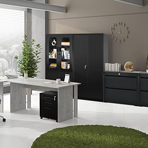Greenvelly Locking Metal Cabinet With Lock, Tall Steel Office Cabinet With Tempered Glass Door, Black Lockable Storage Cabinet With Door And 3 Shelves, Utility Locker For Office, Home, Pantry, Kitchen #TOP2