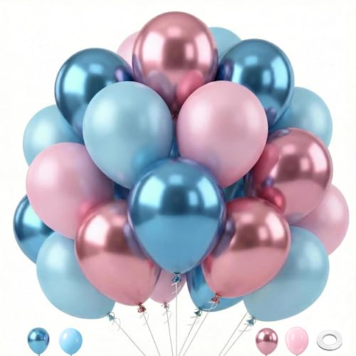 Image of Pink and Blue Balloons Set, 60 Pcs 12 Inch Gender-Reveal Latex Balloons | Thick Durable ，Easy to Inflate，Blue and Pink Balloons with Ribbon for Baby Shower Birthday Boy or Girl Gender Reveal