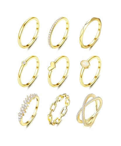 14K Gold Plate Stacking Rings for Women Stackable Knuckle Rings Set CZ Heart Rings Simple Stacking Band Ring Dainty Wedding Gold Ring Comfort Fit Size 6-11