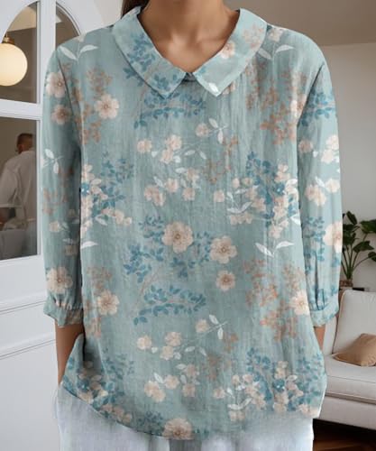 Women's Boho Floral Cotton Linen 3/4 Sleeve Shirt Top Dressy Summer Fall Casual Cute Lapel Loose Blouse2