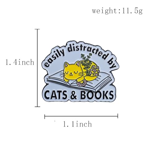 Image of Easily Distracted By Cats And Books Enamel Pin Animal Pet Reading Brooch Badge Lapel Pin for Clothes Bags Backpacks for Cat and Book Lovers