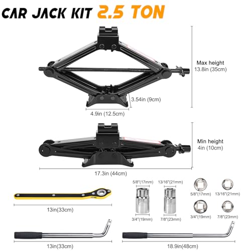 Image of Scissor Car Jack 2.5 Ton (5511 lbs) Tire Changing Kit with Lug Wrench - Emergency Kit for Car, SUV, MPV
