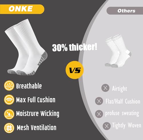 Image of ONKE Athletic Work Socks for Men Women Heavy Cushion Crew Moisture Wicking | Cotton, Max Full Cushion, Odor Control, Breathable, Comfortable, Durability, Anti Blister, Arch Support, Size M /L /XL 3 /6 Pack