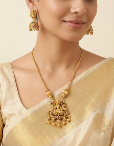 Image of Traditional Gold-Plated Lakshmi Temple Pendant Necklace Set for Women | Antique South Indian Jewelry with Jhumka Earrings | Ethnic Bridal, Wedding & Festive Jewelry Set