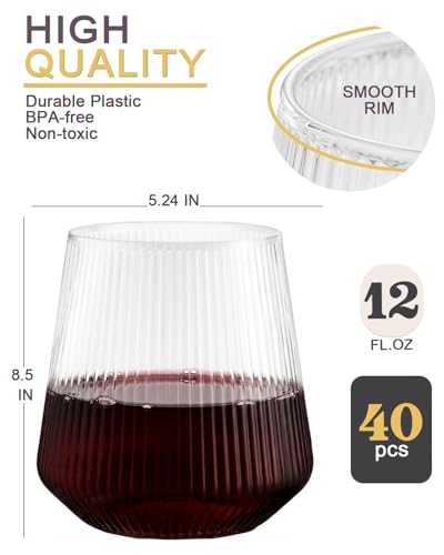Image of Maaacute 40 Pack Ribbed Plastic Wine Glasses, Ripple Disposable Stemless Wine cocktail Whiskey Champagne Glasses, 12 Oz Clear Unbreakable Cups for Party,Indoor,Outdoor,Wedding,Bars,Tasting
