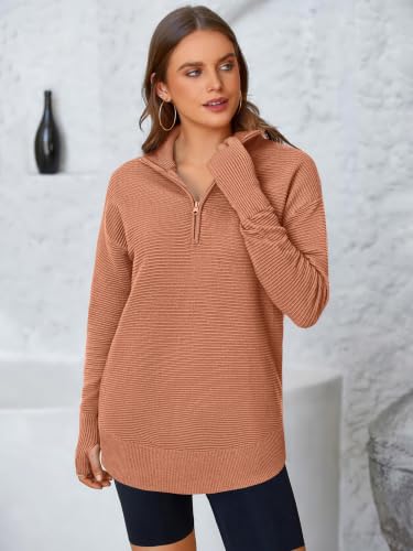Image of PRETTYGARDEN Womens Long Sleeve Quarter Zip Pullover Sweater | Casual Loose V Neck Sweaters with Thumb Hole, Collared Ribbed Knit Jumper Tops, Oversized Tunic Tops, Fall Outfits 2026