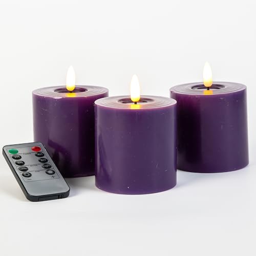 Image of Purple 3 inch Pillar Candles Set of 3 with Timer - Purple Flameless Candle Battery Operated Room Decor for Party, Birthday, Wedding, Halloween, Meditation, Prayer, Spiritual,