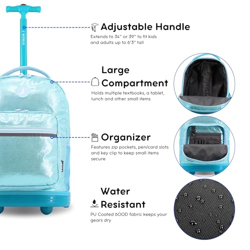 Image of J World Sunrise Kids Rolling Backpack with Wheels for Girls Boys, Roller Bookbag for School, 18 x 13 x 9 Inches, Metallic Teal
