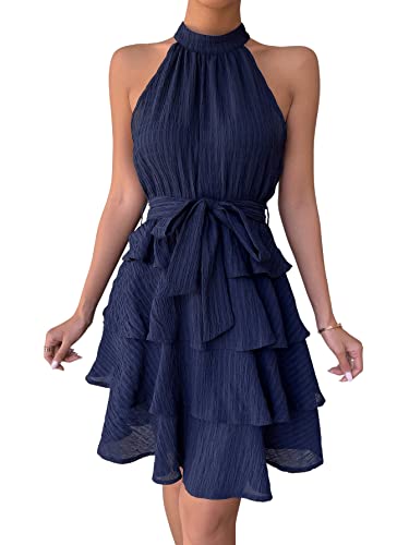 Sweatyrocks Women's Sleeveless Tie Back Halter Dress Mini Swing Pleated A-Line Skater Dress Navy Blue Xs #TOP3