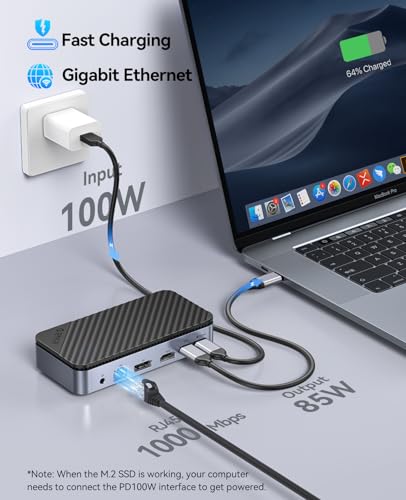 12-in-1 Hub USB C con Case SSD M.2, Docking station USB C Senza Attrezzi con Ventola Integrata, HDMI, DP, Gigabit Ethernet, 100W PD, SD/TF, Audio/Mic, 10Gbps USB A & USB C & 2* 5Gbps USB A-M2P11 - Hub USB - Immagine 3