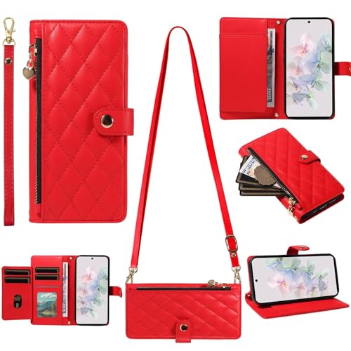 Miagon - Funda tipo cartera cruzada con cremallera para iPhone 6S/6, tarjetero magnético de rombo, monedero, pulsera, protector de piel sintética, función atril, color rojo