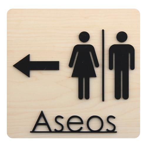 Cartel para Baños/ASEOS/WC Hombre y Mujer en Madera con Letras de Metacrilato Negro Mate - Instalación Fácil con Cinta Adhesiva con Flecha a la Izquierda