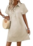 Acelitt Spring Summer Lapel Collared Dresses for Women 2025 Business Casual Work Batwing Short Sleeve Mini Dress Beach Sundress Vacation Outfits Beige Medium