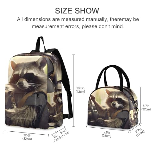 Backpack Lunch Box Set Large Capacity Travel Backpacks and Insulated Lunch Bag for Commute Hiking Picnic Raccoon Drive Print2