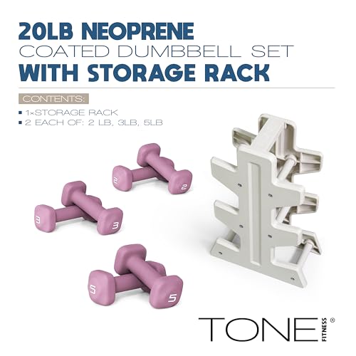 Image of Tone Fitness Neoprene Dumbbell Set with Storage Rack - Non-Slip, Anti-Roll Hand Weights for Home Gym Workouts | 20 lb, 32 lb, 50 lb, 60 lb & 100 lb Options