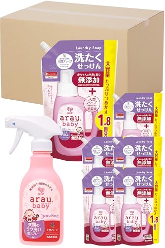 【お試しサンプル付お得セット】arau. アラウベビー 洗濯せっけん 詰替用 1300mL×6個入 1ケース+サンプル品 衣類のラク洗い泡スプレー 本体 1本