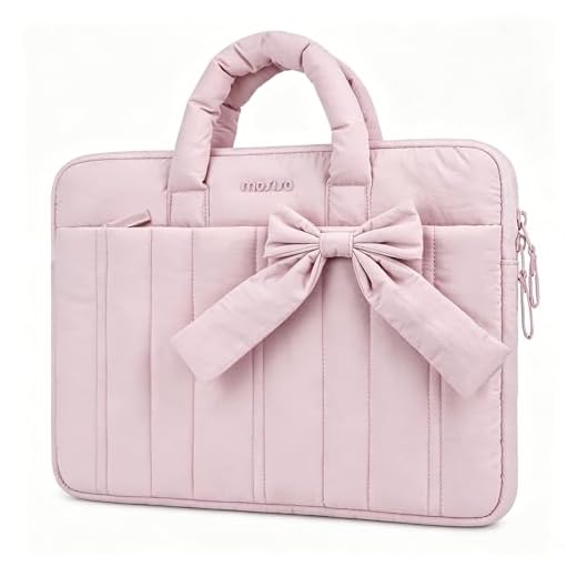 MOSISO Laptop Case 13.3 inch,13-13.3 inch Puffy Laptop Sleeve, Pink | Compatible with MacBook Air/Pro 13/Pro 14 M5 M4 M3 M2 M1, HP Dell ASUS Lenovo Notebook, Rectangle Quilted Bag with Bow&Handle