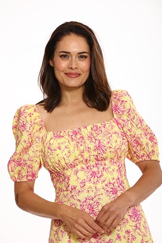 Image of London Times Women's London Times Women's Dresses Square Neck Smocked Back Linen Blend Flattering Versatile Spring Summer Garden Party