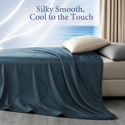 Image of Cooling Comforter for Hot Sleepers, Queen 90x90, Dark Denim Blue | Cooling blanket feel, Q-Max >0.4 cool touch, double-sided cooling, Sorona fill, for night sweats, lightweight & breathable