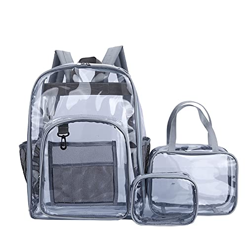Clear PVC Backpack, 16.5 inch Heavy-Duty Transparent Backpack with Front Pocket, Multiple Colors (Grey three piece set)
