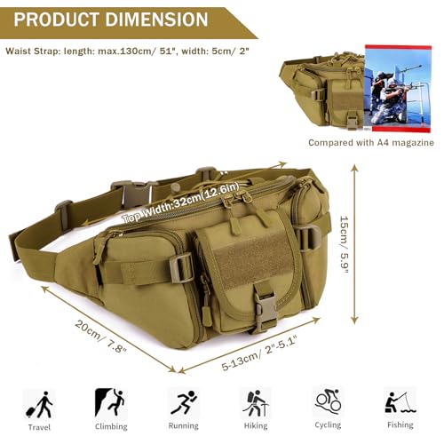 Huntvp Taktische Gürteltasche Sport Hüfttasche Molle Bauchtasche Wasserabweisend mit Reißverschluss für Outdoor Laufen Reise Wandern Radfahren Camping, Braun-L