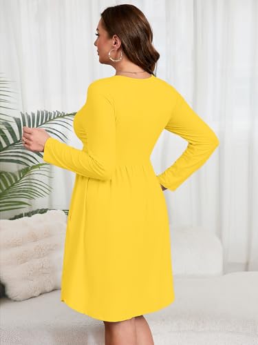 Image of AusLook Women's Plus Size Long Sleeve Midi Dress Casual Empire Waist Loose Flowy Dresses A-Line Boho Long Dress with Pockets