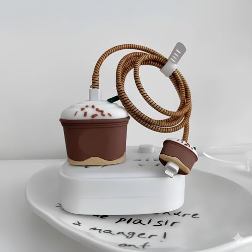 Image of skysia Charger & Cable Protector for iPhone (18W-20W) - 3D Cute Pattern Full Protection Cover, Data Line Wire Saver, 4-in-1 Set for Adapter & Lightning Cable (Multicolored, StrBucks Brown, Pack of 1)