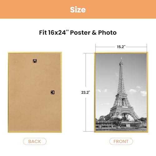Image of upsimples 16x24 Picture Frame Gold 3 Pack, Scratch-Proof Poster Frames 16 x 24 for Photo Gallery - Slide-In Strips, Horizontal or Vertical Wall Mounting