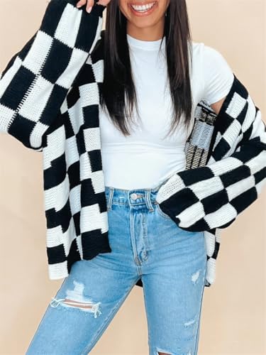 Womens Checkered Cardigan Oversized Plaid Sweater Cardigan Long Sleeve Open Front Cardigans Knit Coats3