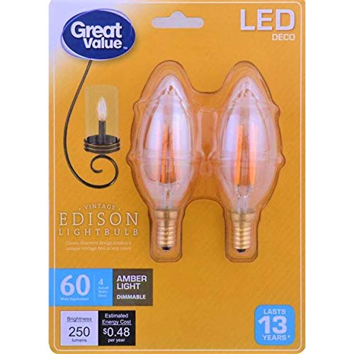 Great Value Vintage Edison LED Light Bulb 4W (60W Equivalent) Amber Light Dimmable