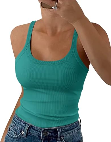 EADINVE Débardeurs côtelés à bretelles spaghetti pour femme - Col rond - Sans manches - Coupe ajustée - 2024, turquoise, Taille XL