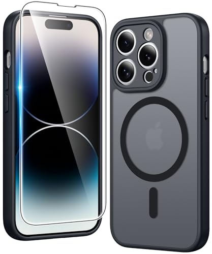 Image of FNTCASE for iPhone 14 Pro Case: Matte Magnetic Phone Cases with Screen Protector Compatible with Magsafe Slim Anti Yellowing Rugged Shockproof Protective Translucent Cell Phone Cover (C-Black)